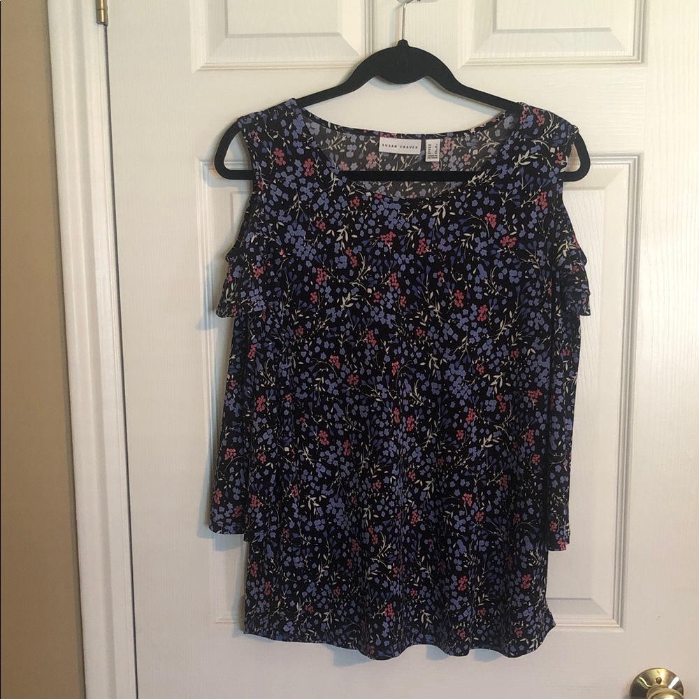 Susan Graver Black Floral Cold Shoulder Blouse